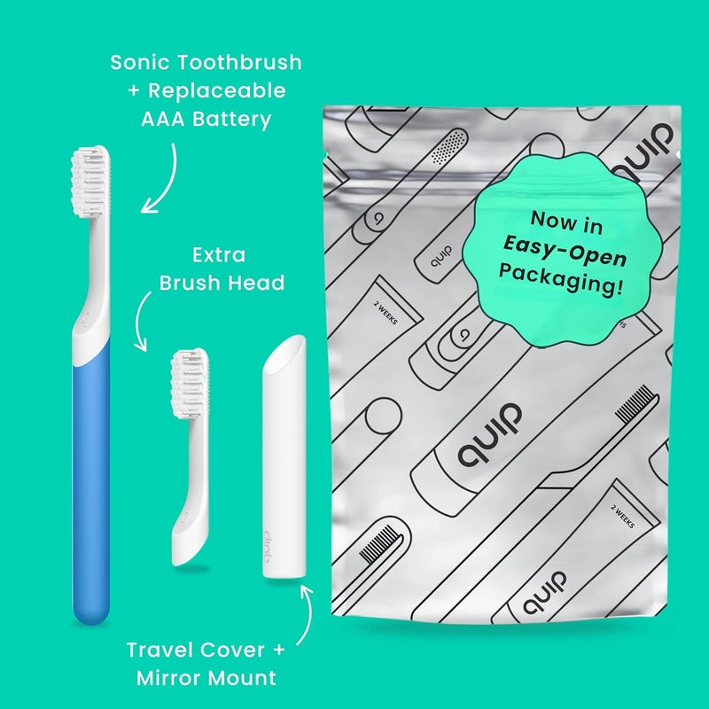 quip Sonic Toothbrush for Adults with Timer - Includes Extra Brush Head and Travel Cover Mount - Electric, Soft Bristle Refill Head, Plastic Handle, 3 Month Battery Life - Travel Toothbrush - Blue - Image 2